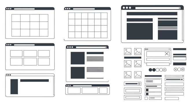 Wireframe browser windows and ui elements on white background with various wireframe application interface template digital graphic design with layout