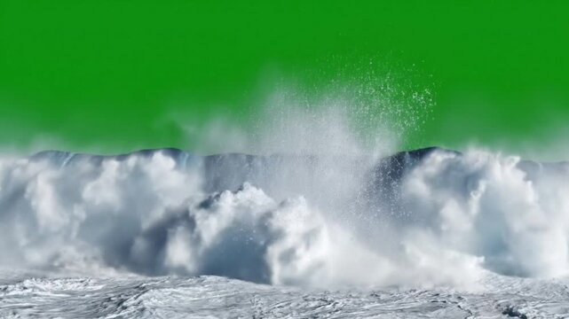 Ocean wave breaking on green background VFX element