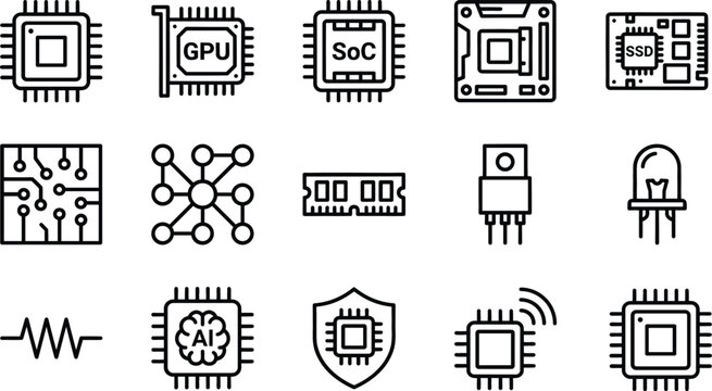 Computer processor hardware and microchip line icon set featuring GPU motherboard RAM memory semiconductor technology