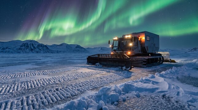 3D Massive Snowcat Tracked Vehicle on Frozen Glacier with Snow Tracks and Aurora Borealis Northern Lights in Night Sky
