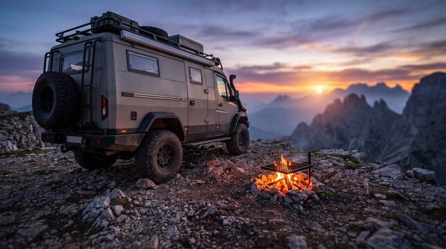 3D 4x4 Overland Camper Van Parked on Rocky Cliff Edge with Campfire and Blurred Mountain Sunrise Background