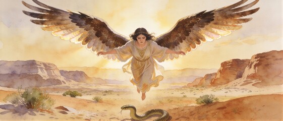 Fototapeta premium Woman angel with large wings descending from heaven into desert to face serpent. Biblical scene representing spiritual battle between divine light and evil. Banner with copy space
