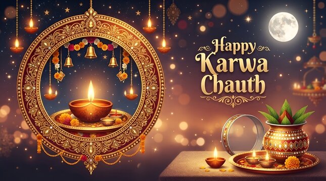 Vector banner of Happy Karwa Chauth, Indian festival, pooja kalash, diya, full moon, beautiful bokeh background, decorative festive greeting card banner