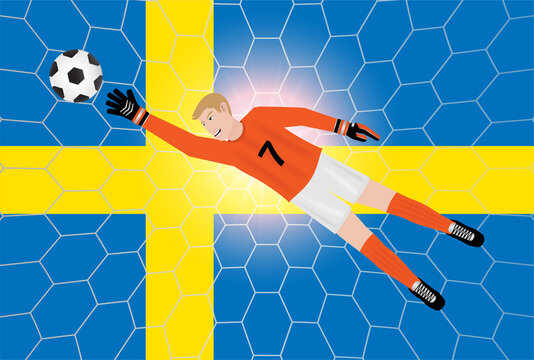 Sweden Football Match. Flag of Sweden with Goalkeeper. Football Championship Concept. Vector Illustration.