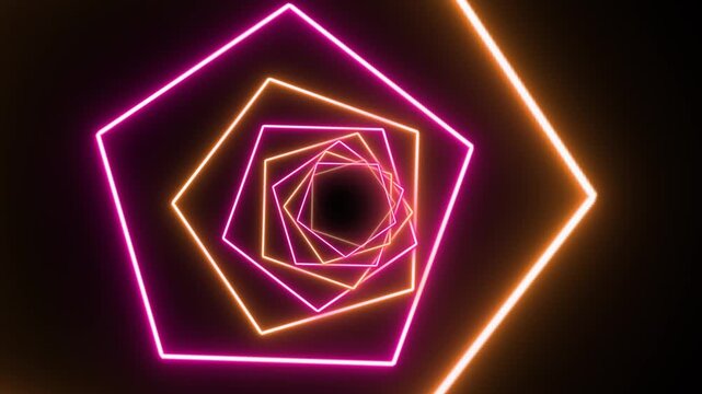 Neon light tunnel loop featuring glowing pink and golden geometric pentagons and squares