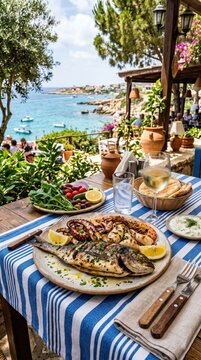 Seafood platter with grilled fish, octopus and shrimp on table with salad, bread and wine on stone terrace overlooking blue sea and rocky Amalfi coast.