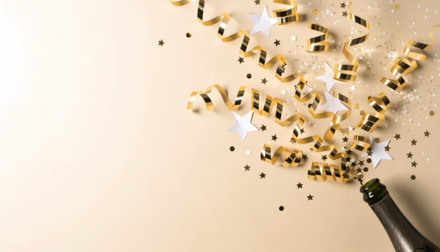 Elegant New Year Celebration with Gold Confetti and Champagne