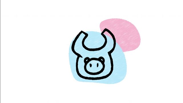 An animated hand drawn baby bib icon for infant mealtime. Ideal for maternity care, infant dining, childcare supplies, and parenting app visuals.