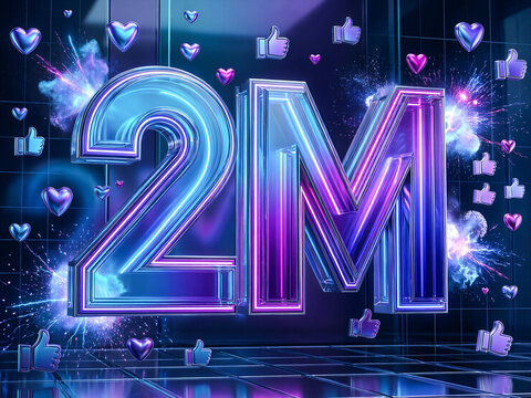 Futuristic 2M Celebration Typography with Holographic Neon Glass and 3D Icons