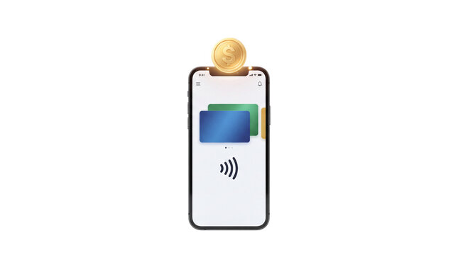 Mobile digital wallet concept with gold coin and credit cards. Smartphone contactless payment app. Online banking and financial technology. isolated PNG with Transparent Background