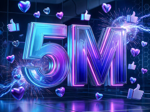 Futuristic 5M Celebration Typography with Holographic Neon Glass and 3D Icons