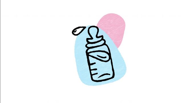 An animated hand drawn baby milk bottle icon with nipple cap. Great for newborn feeding, infant nutrition, nursing, and maternity graphics