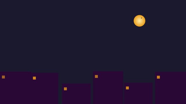 Bright full moon glowing over a dark city skyline at night with minimalist purple buildings and a yellow lunar disc in a simple flat vector illustration 4K Motion Video