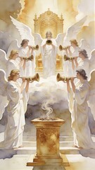 Fototapeta premium Seven angels blowing golden trumpets before the throne of God in heaven. Biblical scene of the final judgment and apocalypse. Religious illustration of spiritual divine glory.