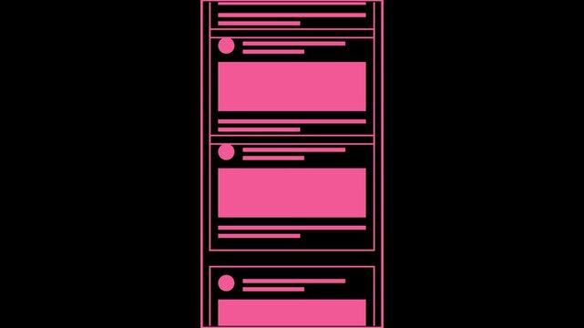 Pink wireframe mobile social media feed interface layout on black background 4K Motion Video