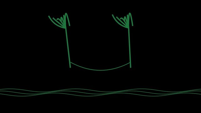 Minimalist green line drawing of a hammock hanging between two palm trees on a dark black background 4K Motion Video