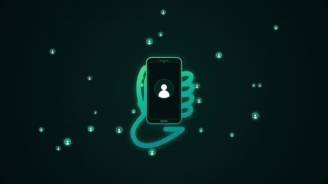 A glowing hand holding a mobile phone with a digital user avatar icon on a dark background representing social media networking and mobile technology 4K Motion Video