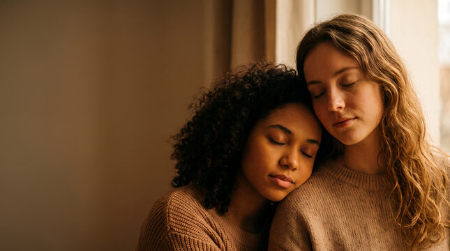 Two women in tender moment of comfort and emotional support