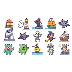 Fototapeta premium Halloween Themed Cartoon Characters Illustration Set.