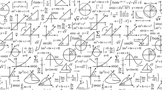 Intricate Pattern of Mathematical Diagrams and Equations Across a Whiteboard Style Background.