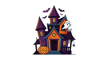 Naklejka premium Spooky Haunted House with Ghost and Bats