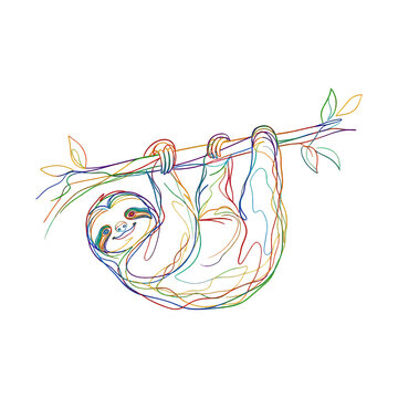 PNG Colorful line art of a sloth hanging on a branch.