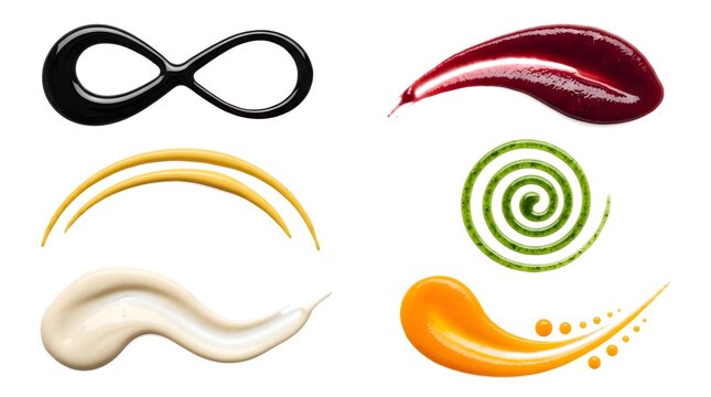 Vibrant gourmet sauce smears and artistic plating elements featuring infinity and spiral shapes