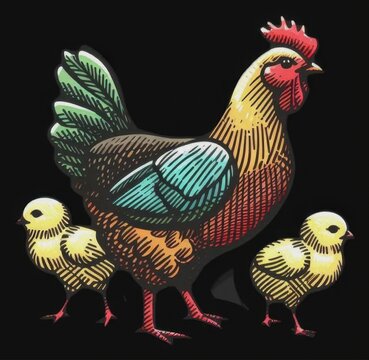 Hen and little chicken concept animals farm old retro style illustration