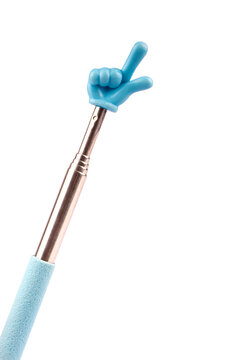 Extendable telescopic pointer stick featuring a fun blue hand shape tip and foam grip. Close-up shot ideal for classroom, office, and presentation tools.