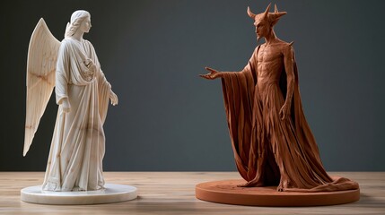 Fototapeta premium A sculpted angel and a demonic figure stand facing each other.