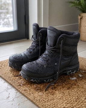 Pair of black winter boots with melting snow on a doormat at the entrance of a home, concept of cold weather, warm footwear and coming home from the winter cold.