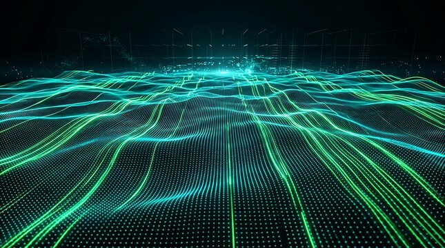 Futuristic digital green wave grid motion. Technology cyber data background design.