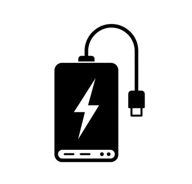 Power bank solid black icon. Portable battery charger with USB cable and lightning bolt symbol. External power supply vector illustration for mobile devices and electronic gadgets.