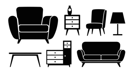 Fototapeta premium Modern living room furniture set in black silhouette with silhouette including sofa armchair coffee table white background interior cabinet with design