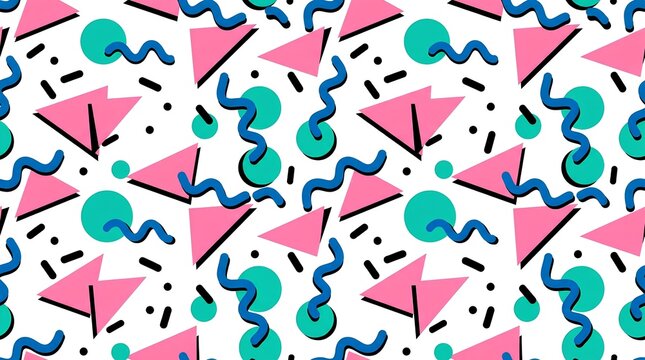 Colorful seamless 90s Memphis style pattern with geometric shapes.
