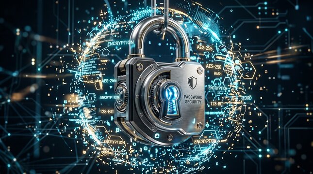 Metallic Padlock Password Security Concept with Encrypted Digital Particles