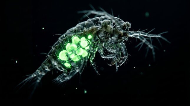 Microscopic copepod zooplankton with glowing green microplastics inside under fluorescence microscopy