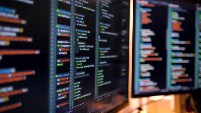 Close-up view of a computer monitor displaying simulated programming fictional code, with multiple lines of software development text and shallow depth of field creating a technical workspace scene