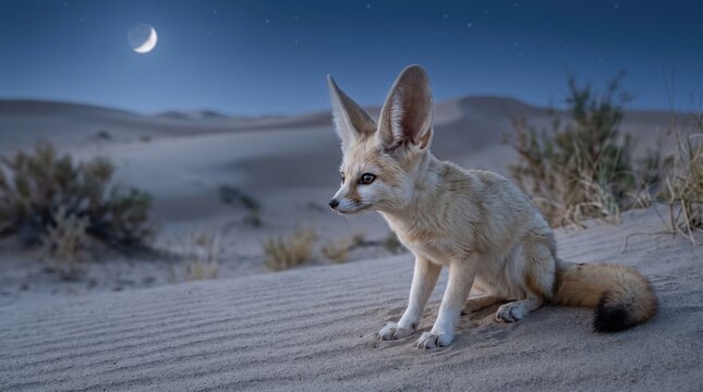 fennec fox sitting in the desert at night under a crescent moon in the starry sky