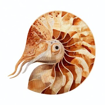 Detailed Mosaic Nautilus Shell Illustration On White Background