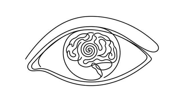 Continuous line drawing of an eye with brain iris.