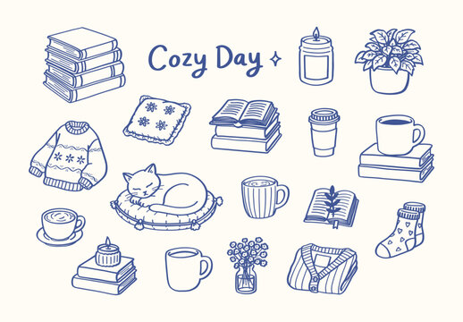 Cozy Day Hand Drawn Doodle Element Set with Books, Coffee, Sleeping Cat, Sweater, Candle, Plant, Pillow, Socks and Reading Essentials