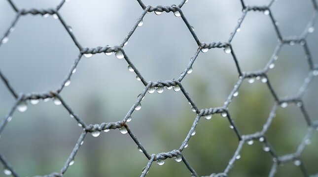 Close-up of chicken wire fence with water drops. Perfect for weather concepts and rainy day themes.