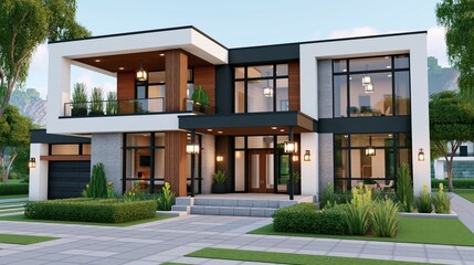 Fototapeta premium Modern residential dwelling features a sophisticated architectural design with clean lines and large glass windows.
