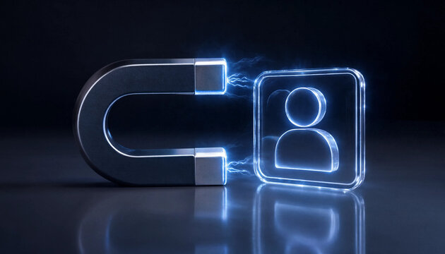 A horseshoe magnet attracting a glowing user profile icon symbolizing customer acquisition