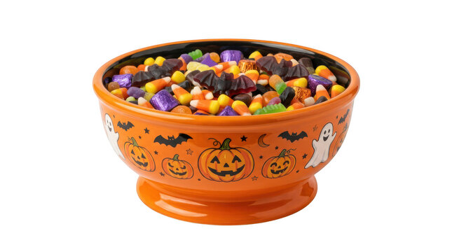 Orange decorative ceramic bowl filled with assorted halloween candies and gummies transparent background