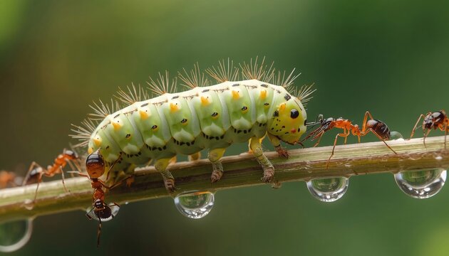 Lycaenid Caterpillar Interacting With Ants in Wild Plant Ecosystem, Insect Mutualism