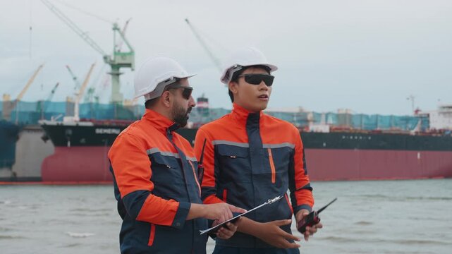 Two dock workers converse near a large vessel. They wear safety gear, hold clipboards. Their focused expressions suggest inspection or coordination