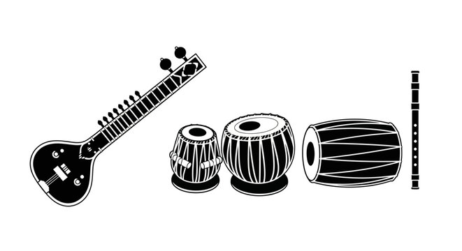 Traditional indian musical instruments on white background with sitar tabla drums drums flute black