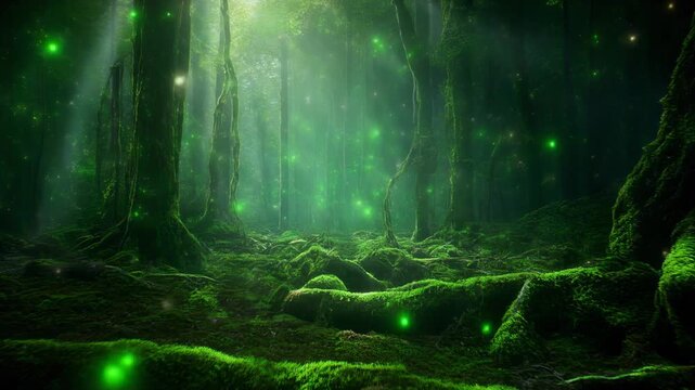 Enchanted Mossy Forest with Glowing Fireflies 4K Generative AI